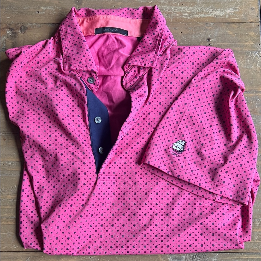Greyson Men's Pink and Navy Polka Dot Polo